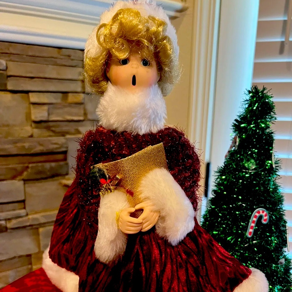 Vintage Holiday Chorus Girl in Santa Suit Christmas Tree Topper 12 in. So Cute!